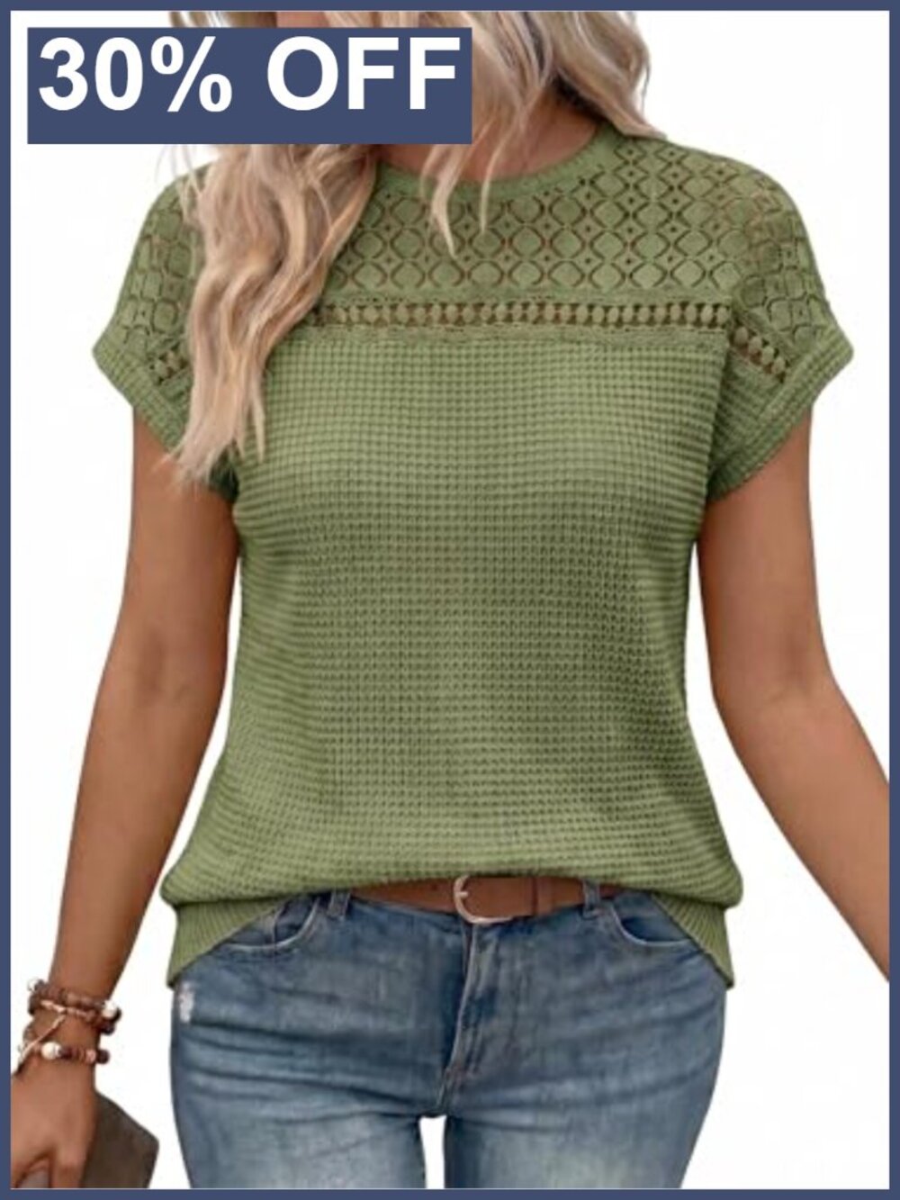 Waffle Knit Short Sleeve Scoop Neck Loose Tunic Top Womens Casual Blouse